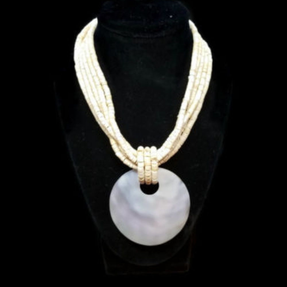 Bib Necklace Ivory Shell Type Disk Pendant 14"